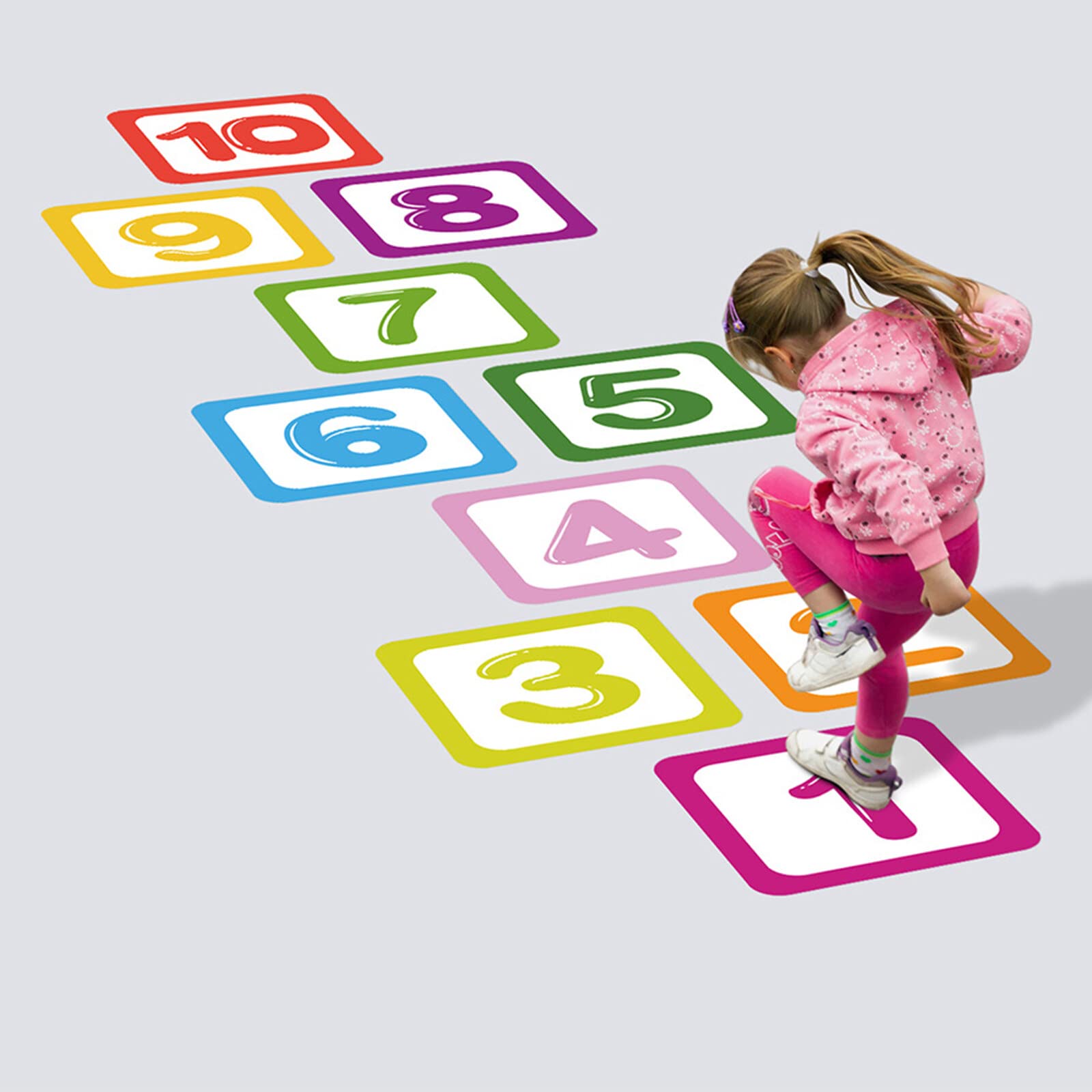 Ruiqas number sticker hopscotch floor for playful math learning.