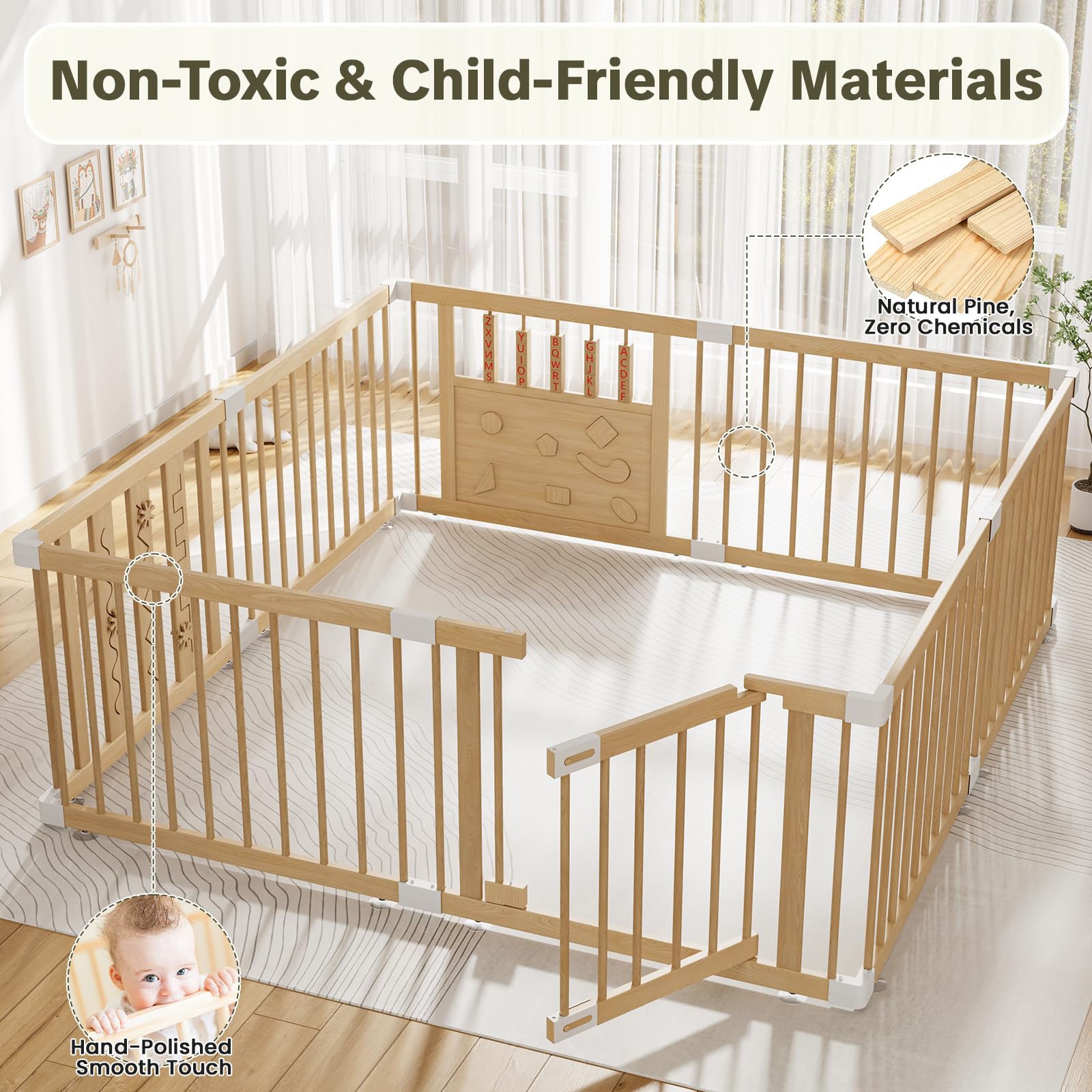 RUMBALUXY built-in baby toys panel encourages exploration and interaction.