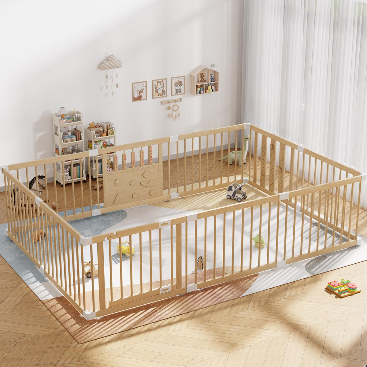 RUMBALUXY wooden baby playpen with safety lock for secure playtime.