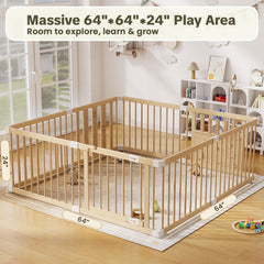 RUMBALUXY wooden baby playpen with safety lock for secure entry and access.