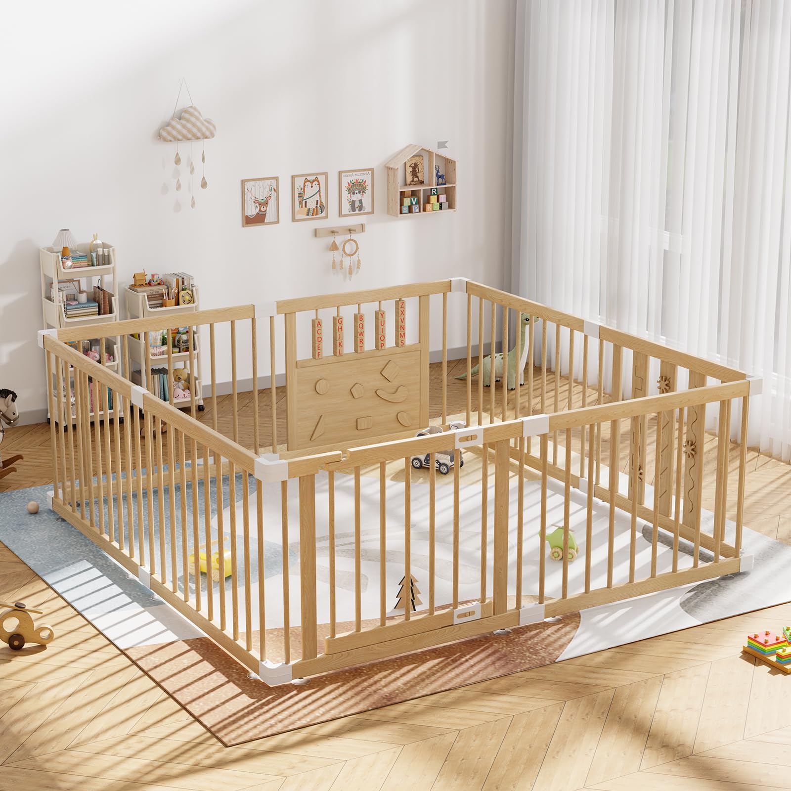 RUMBALUXY wooden baby playpen with suction cups for stable placement during playtime.