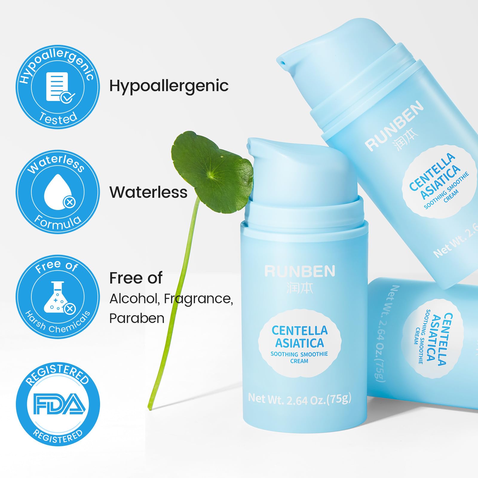 RUNBEN packaging highlights Centella Asiatica content and product quality.