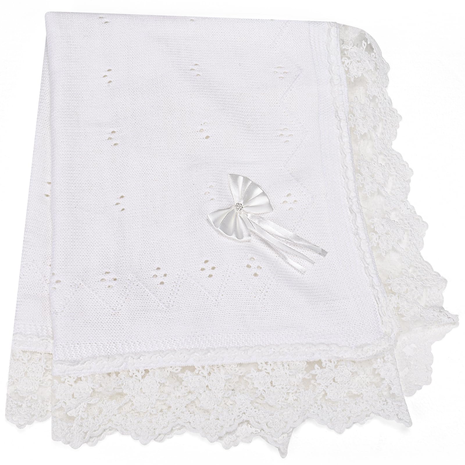 Runeaoys baptism blanket with heart-knit lace detail for elegant christening moments.