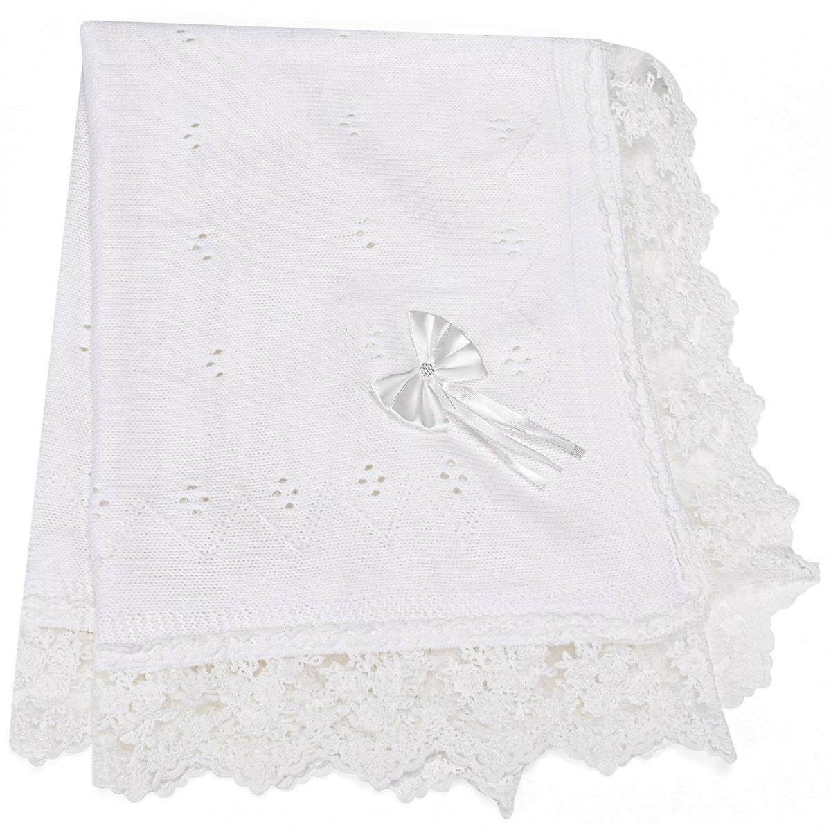 Runeaoys baptism blanket with heart-knit lace detail for elegant christening moments.