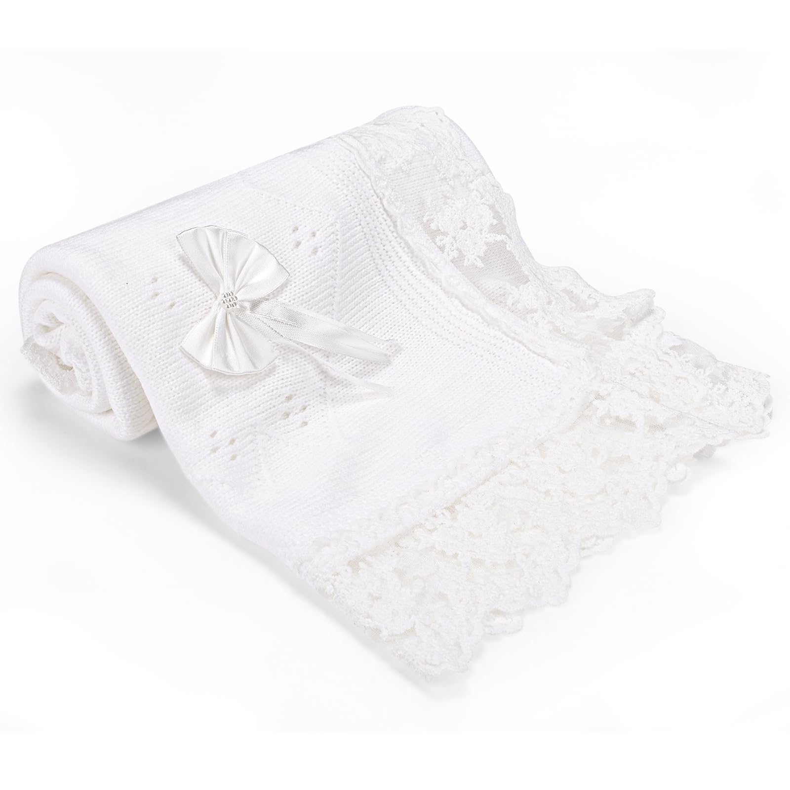 Runeaoys white knit blanket showing soft, cozy material for newborn comfort.