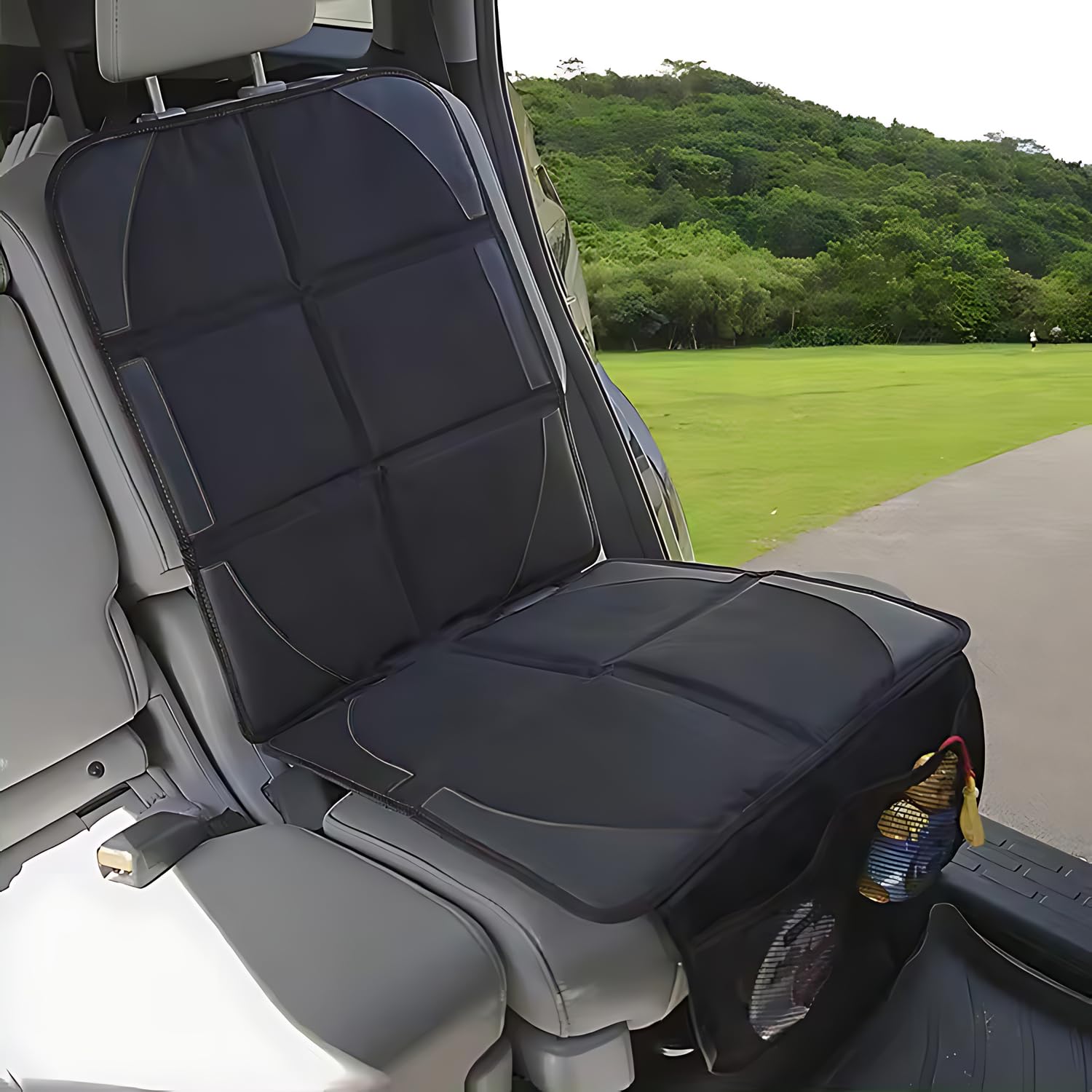 RUNETI car seat protector storage pockets organize accessories during trips