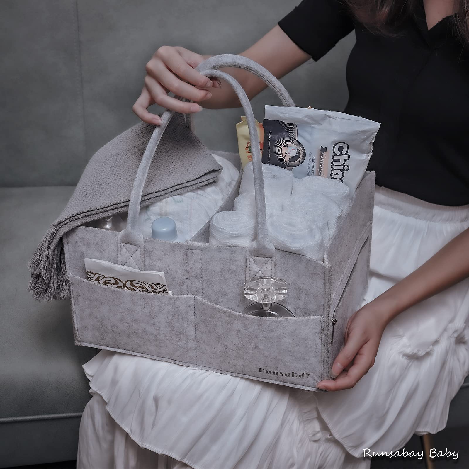 Runsabay diaper caddy on changing table for easy reach.