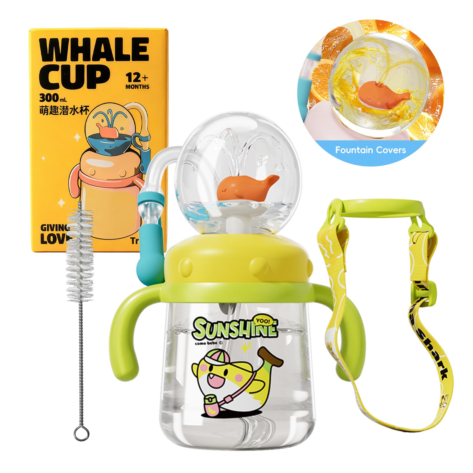 RUNSUNTUN Comobebe Whale Fountain Cup front view in yellow showing toddler hydration benefits