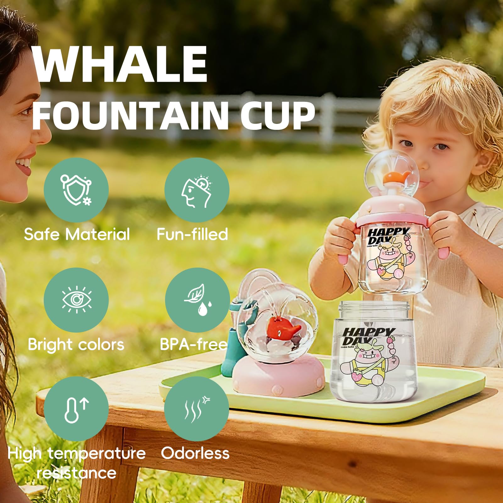 RUNSUNTUN Comobebe Whale Fountain Cup packaging in yellow
