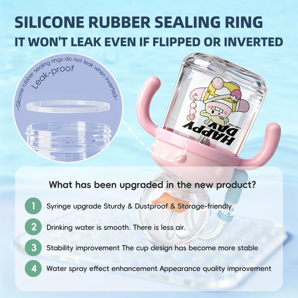 RUNSUNTUN Comobebe Whale Fountain Cup water spray demo illustrating fountain feature