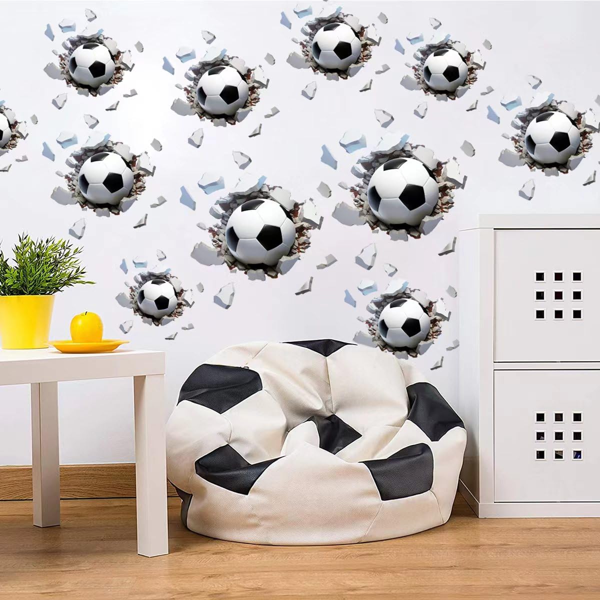 RunToo 3D soccer wall decal with 15 dynamic balls adds energy to playrooms.