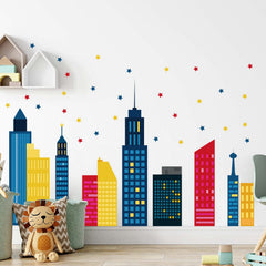 Runtoo city skyline wall stickers brighten the bedroom with colorful silhouettes and stars.
