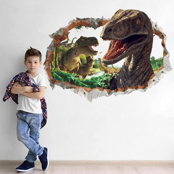 RunToo dinosaur wall decal 3D breaking through the wall, a striking kids' bedroom focal point.