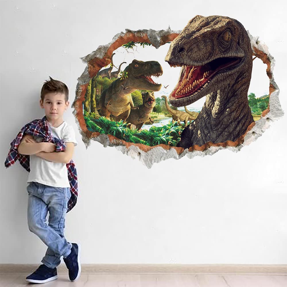 RunToo dinosaur wall decal 3D breaking through the wall, a striking kids' bedroom focal point.