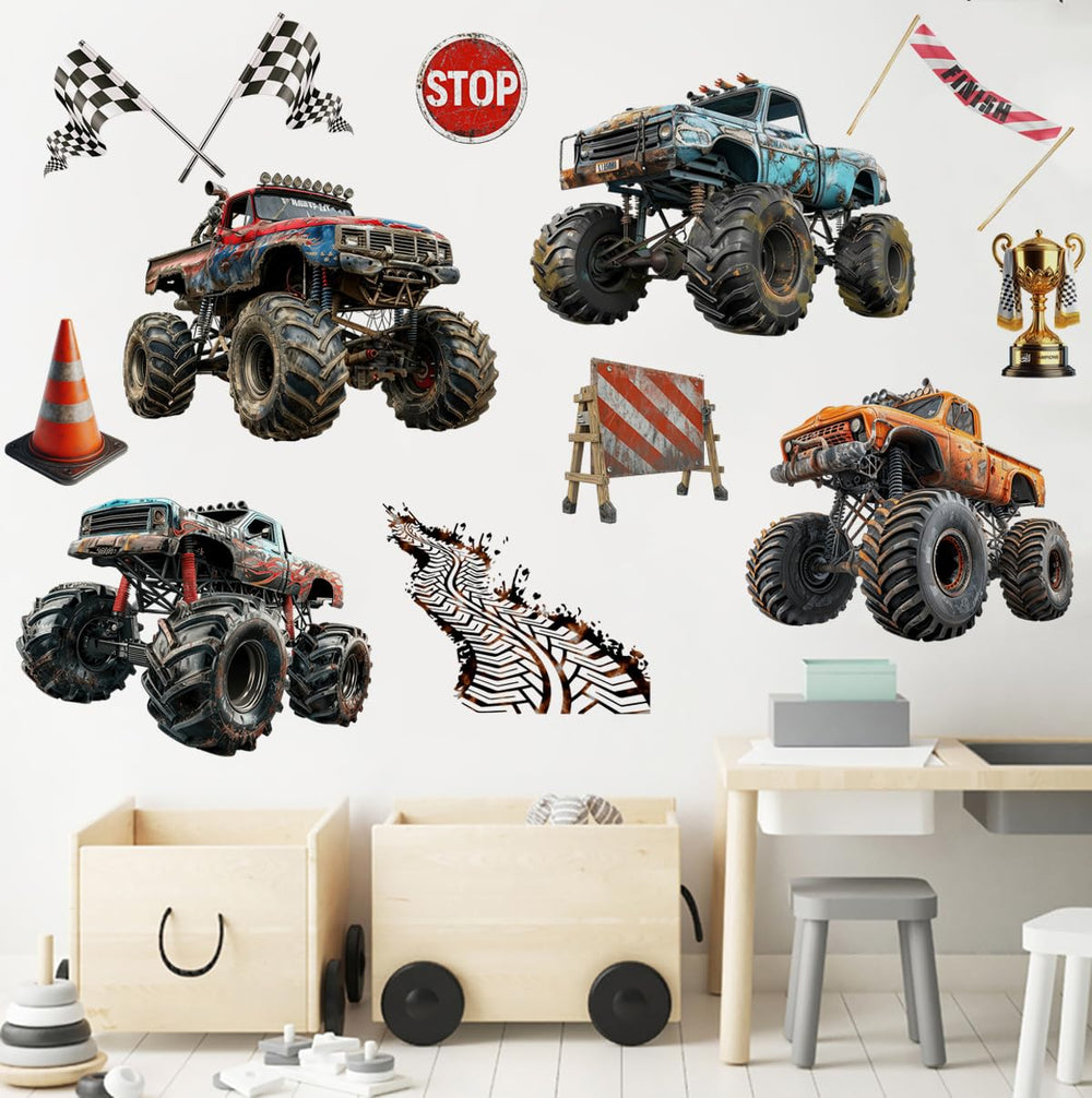Runtoo large monster truck wall decal with four trucks, ideal for boys' rooms and play areas.