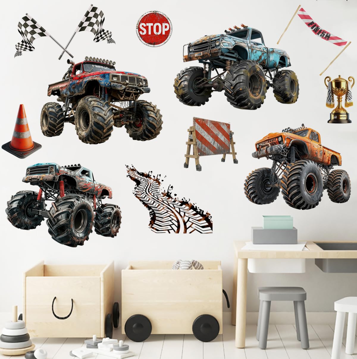Runtoo large monster truck wall decal with four trucks, ideal for boys' rooms and play areas.