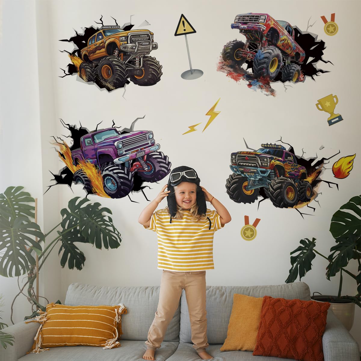RunToo Monster Truck wall decals showing four breakout trucks for a dynamic kids' room.