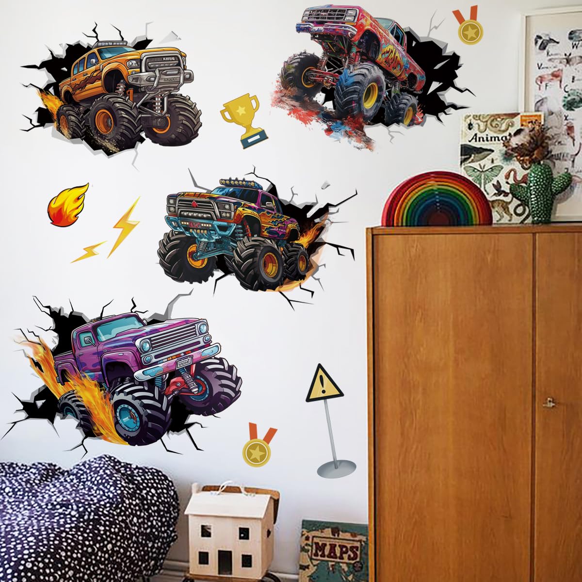 RunToo Monster Truck wall decals—dramatic four-truck design for kids' bedroom decor.