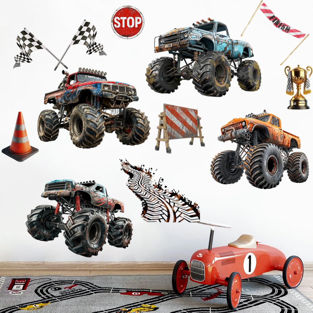 Runtoo monster trucks room decor for kids spaces, easy to apply and remove.