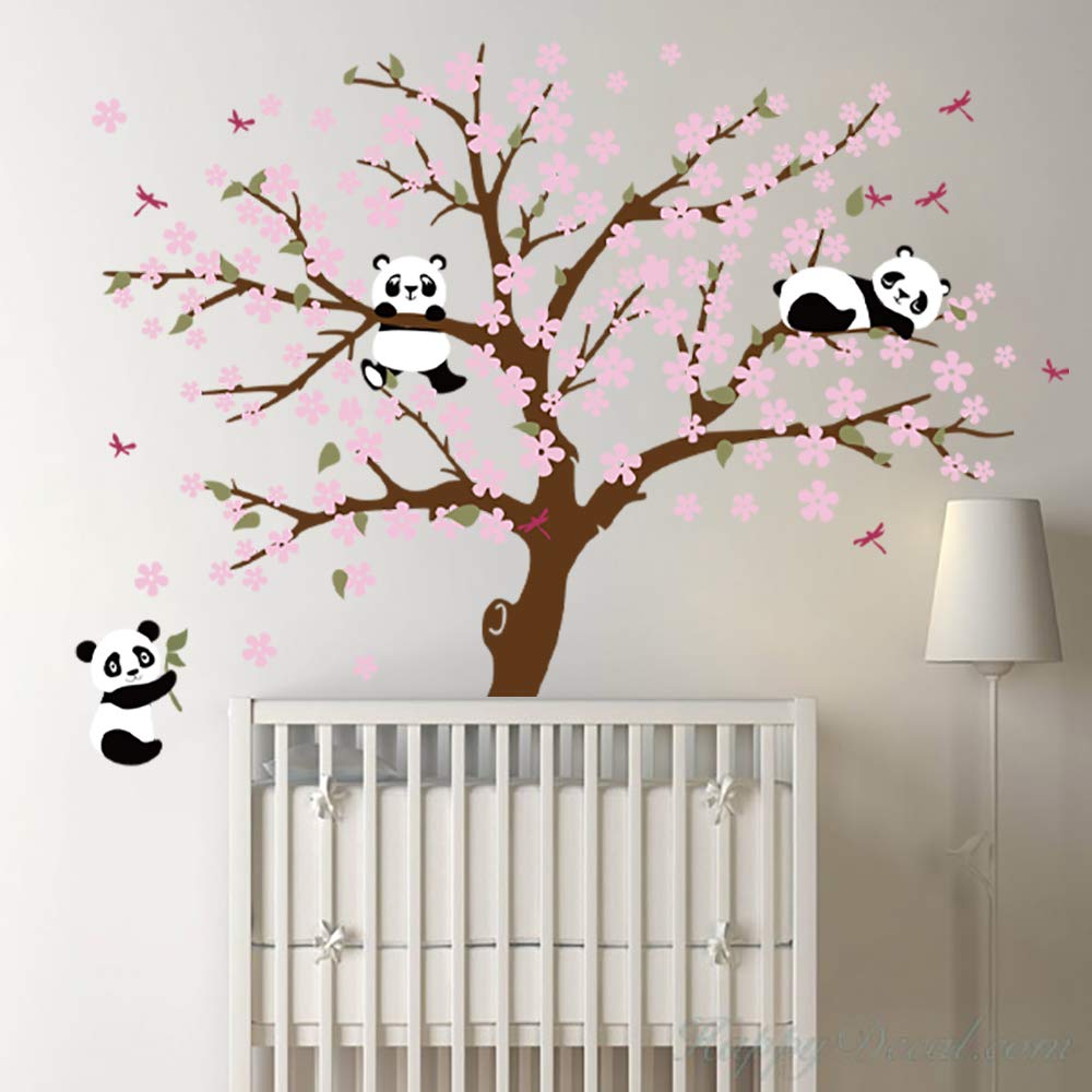 Runtoo Panda wall decal featuring cherry blossoms adds a cozy bedroom accent.