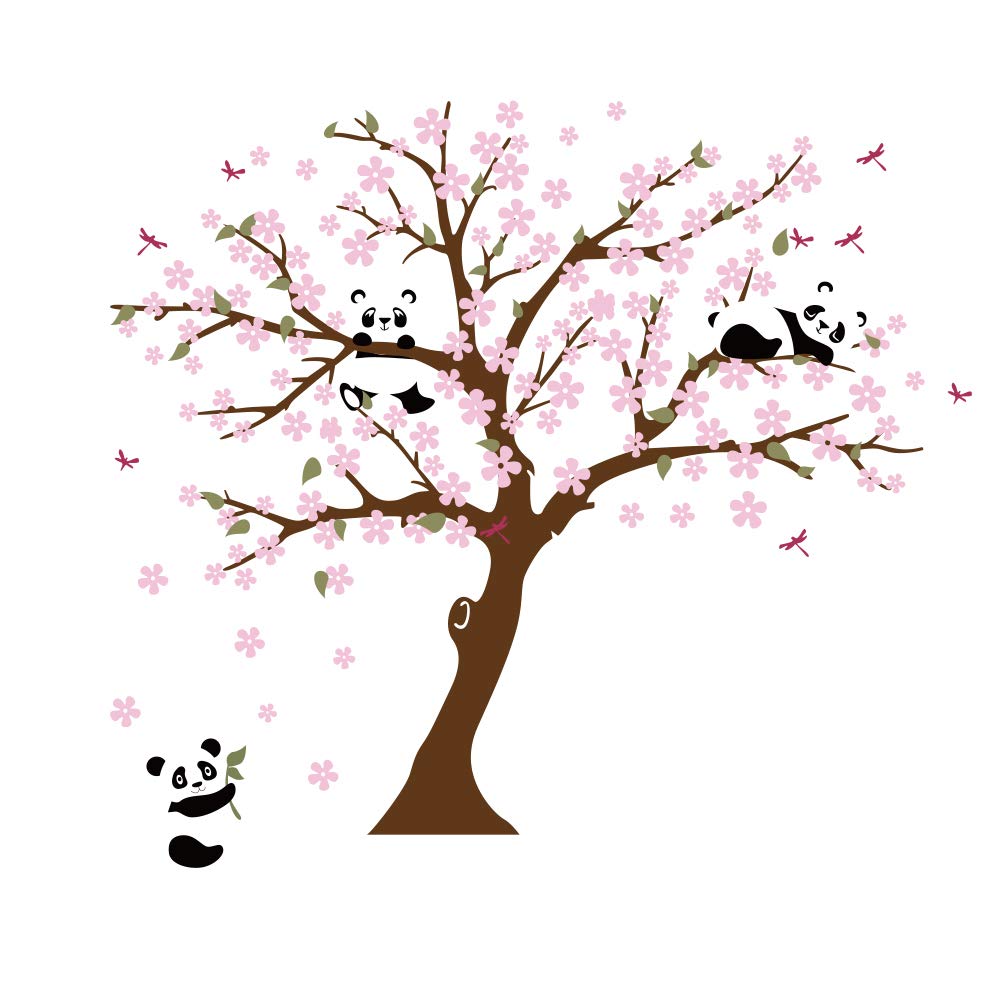 Detail of Runtoo Panda wall decal with soft pink blossoms.