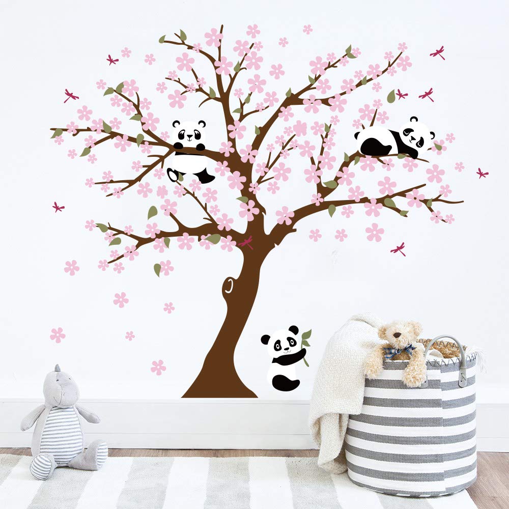 Runtoo Panda wall decal with cherry blossoms enhances living room ambiance.