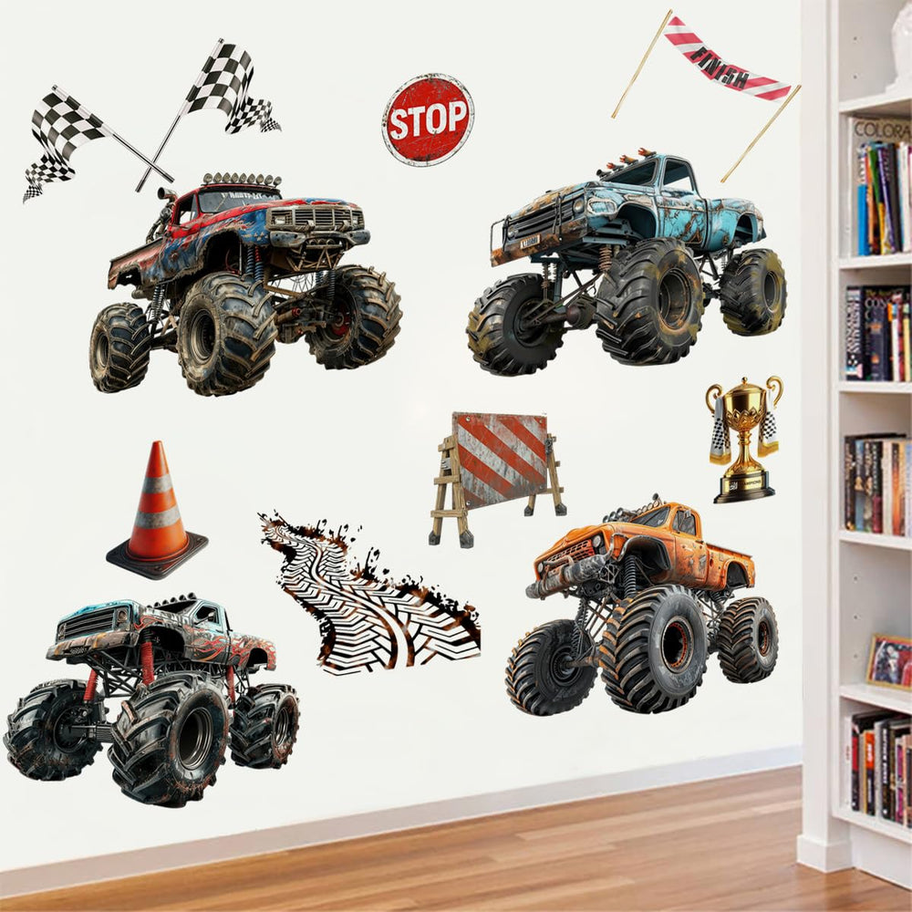 Runtoo wall sticker includes racing elements like flags and finish lines for dynamic decor.