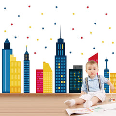 Runtoo stars and city silhouettes wall decals create a playful nursery focal point.
