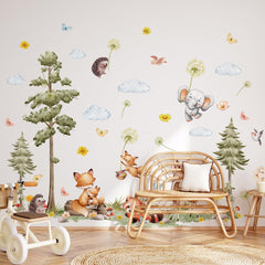 Runtoo Woodland Forest wall decal with pine trees creates a cozy kid playroom backdrop