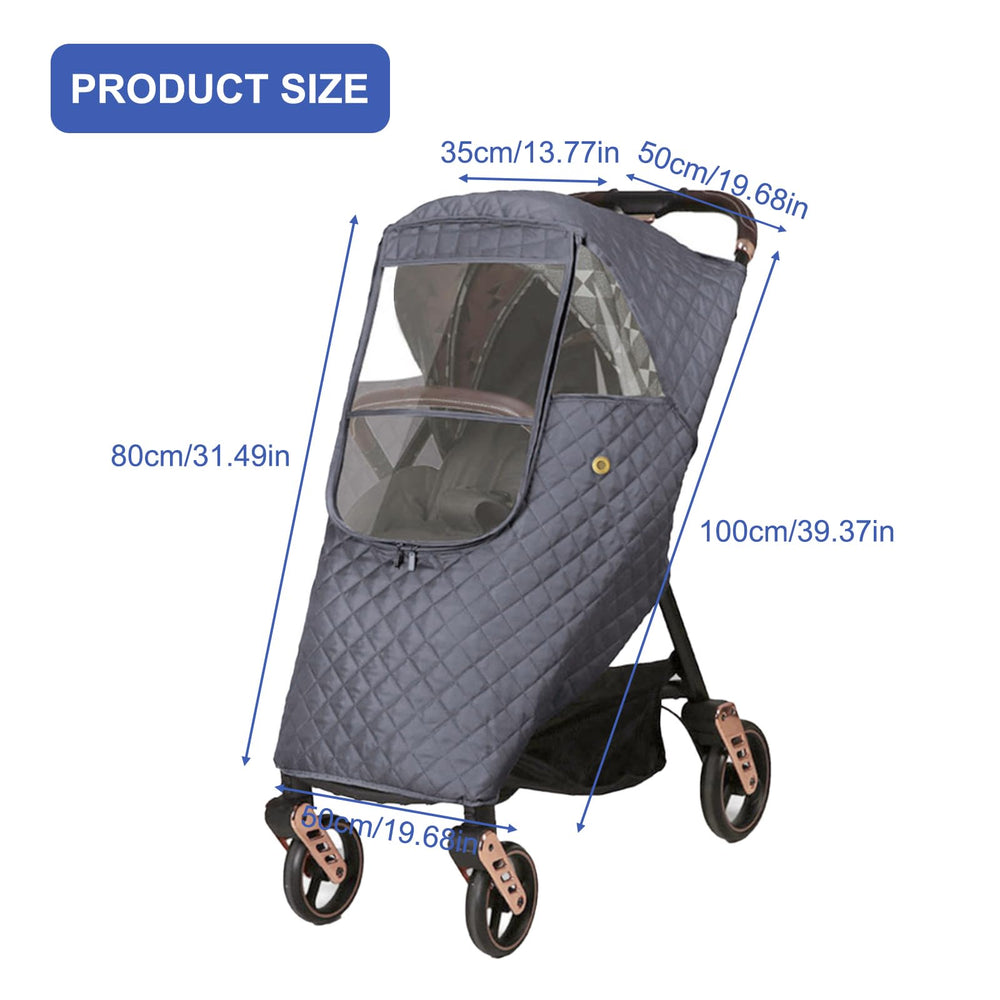 Ruiqas winter pram rain shield keeps baby warm and dry in cold weather.