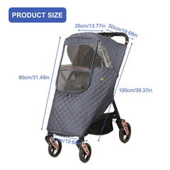 Ruiqas winter pram rain shield keeps baby warm and dry in cold weather.