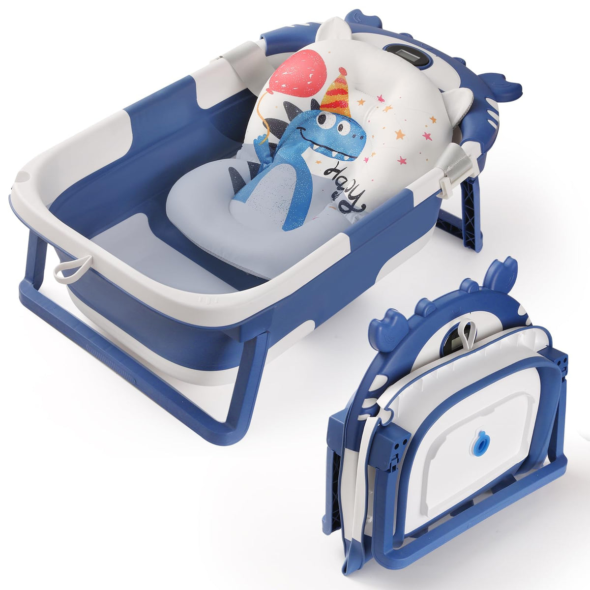 RURING crab-blue baby bathtub foldable design for space-saving travel use.