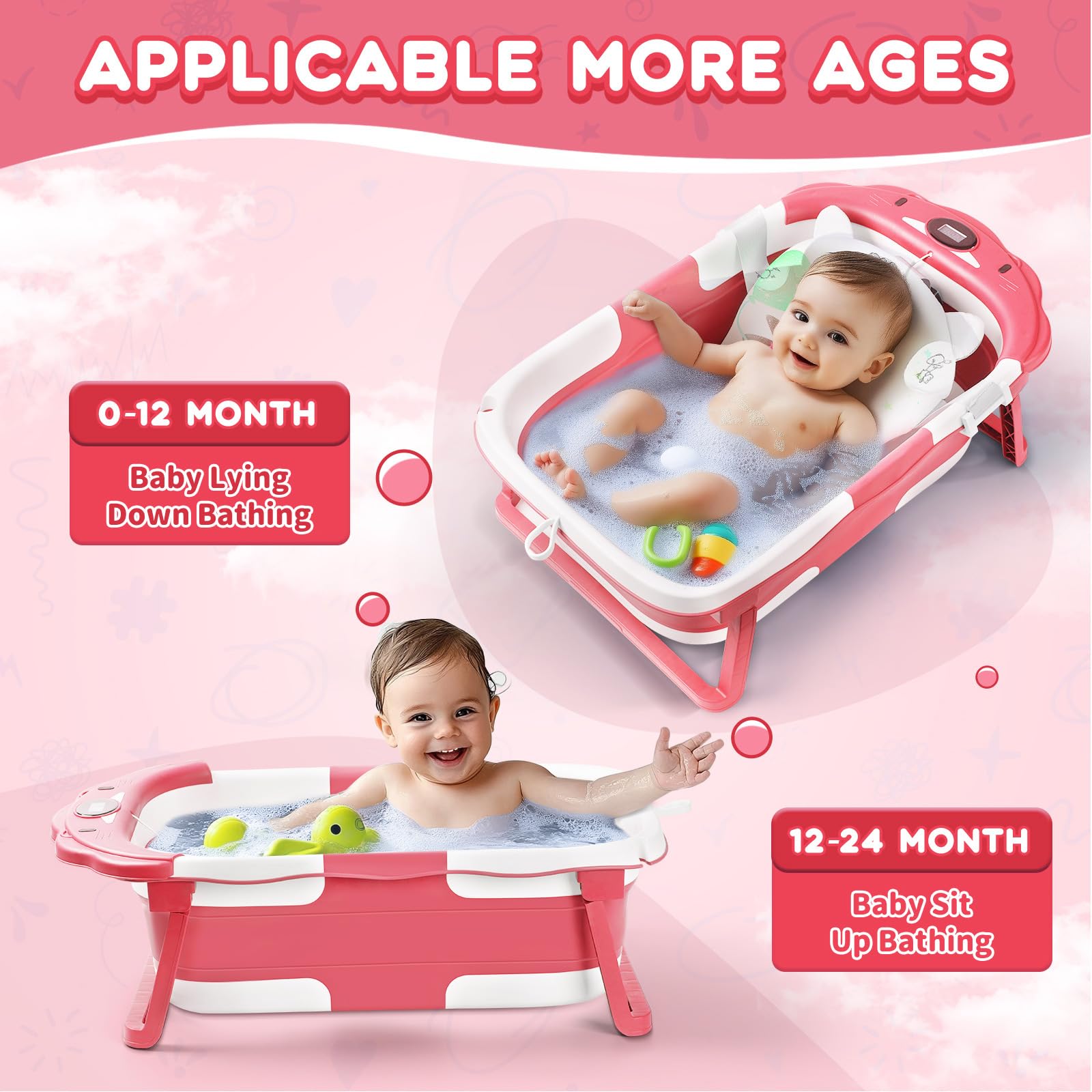 RURING Bear Pink soft cushion supports baby's head and back during baths.