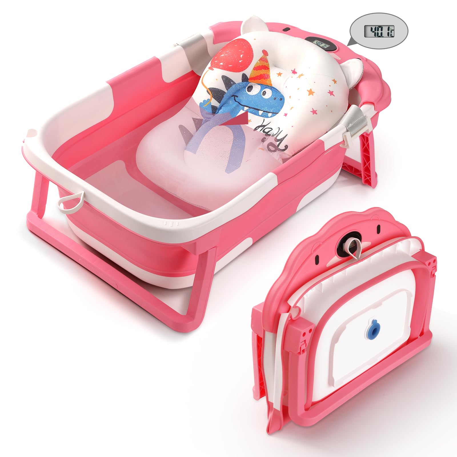 RURING Bear Pink baby bathtub folded for compact storage and travel.