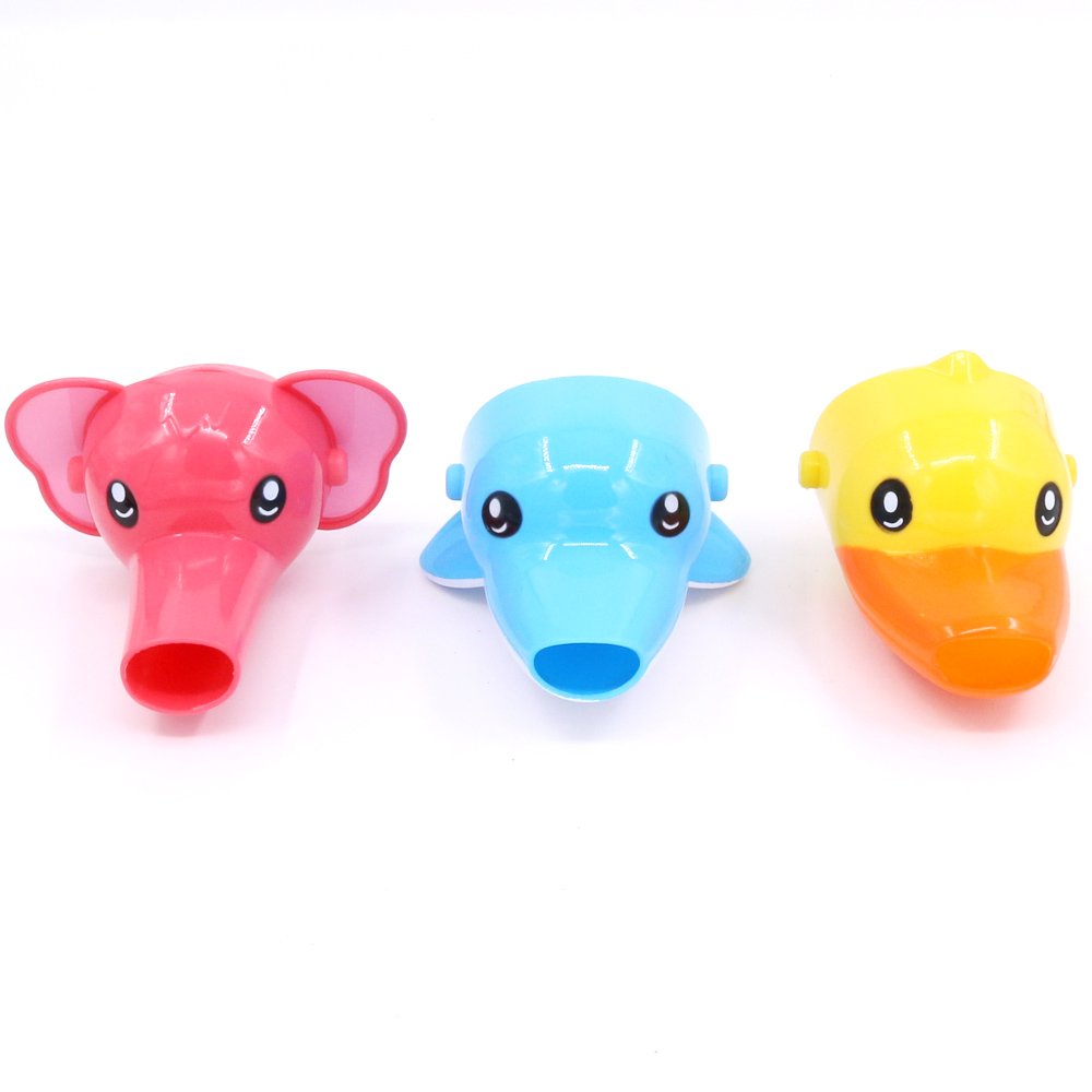 Rustark pink elephant faucet extender encouraging independent washing for toddlers.