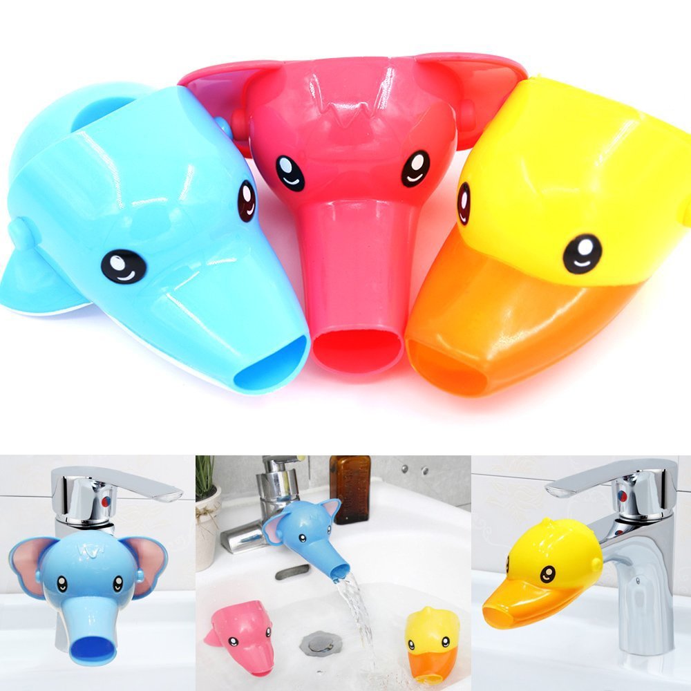Rustark yellow duck faucet extender close-up, BPA-free for safe, kid-friendly hand washing.