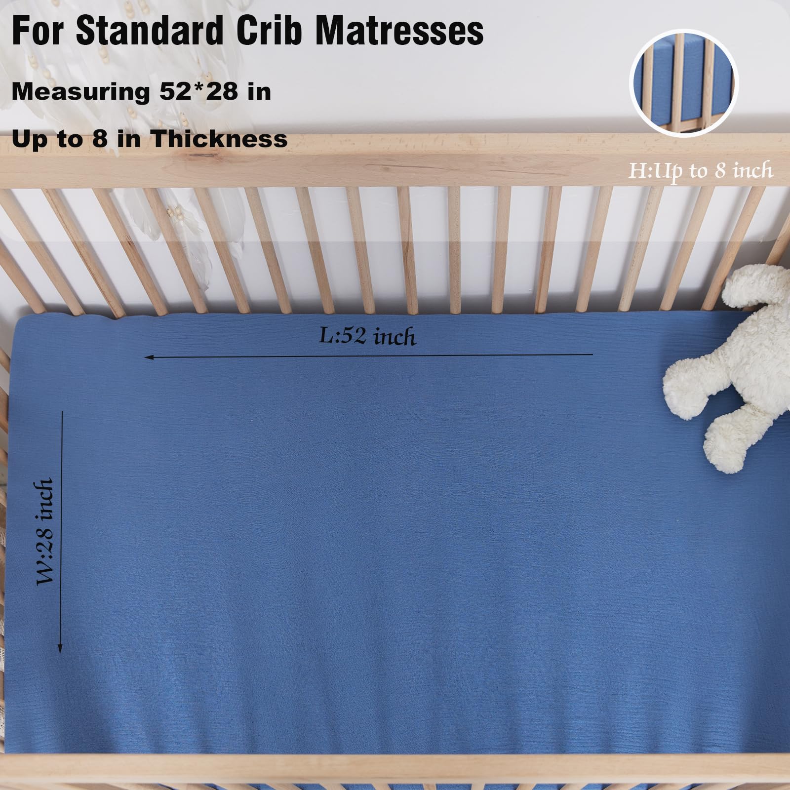 Rutiwa crib sheets on standard mattress show easy swap and care.