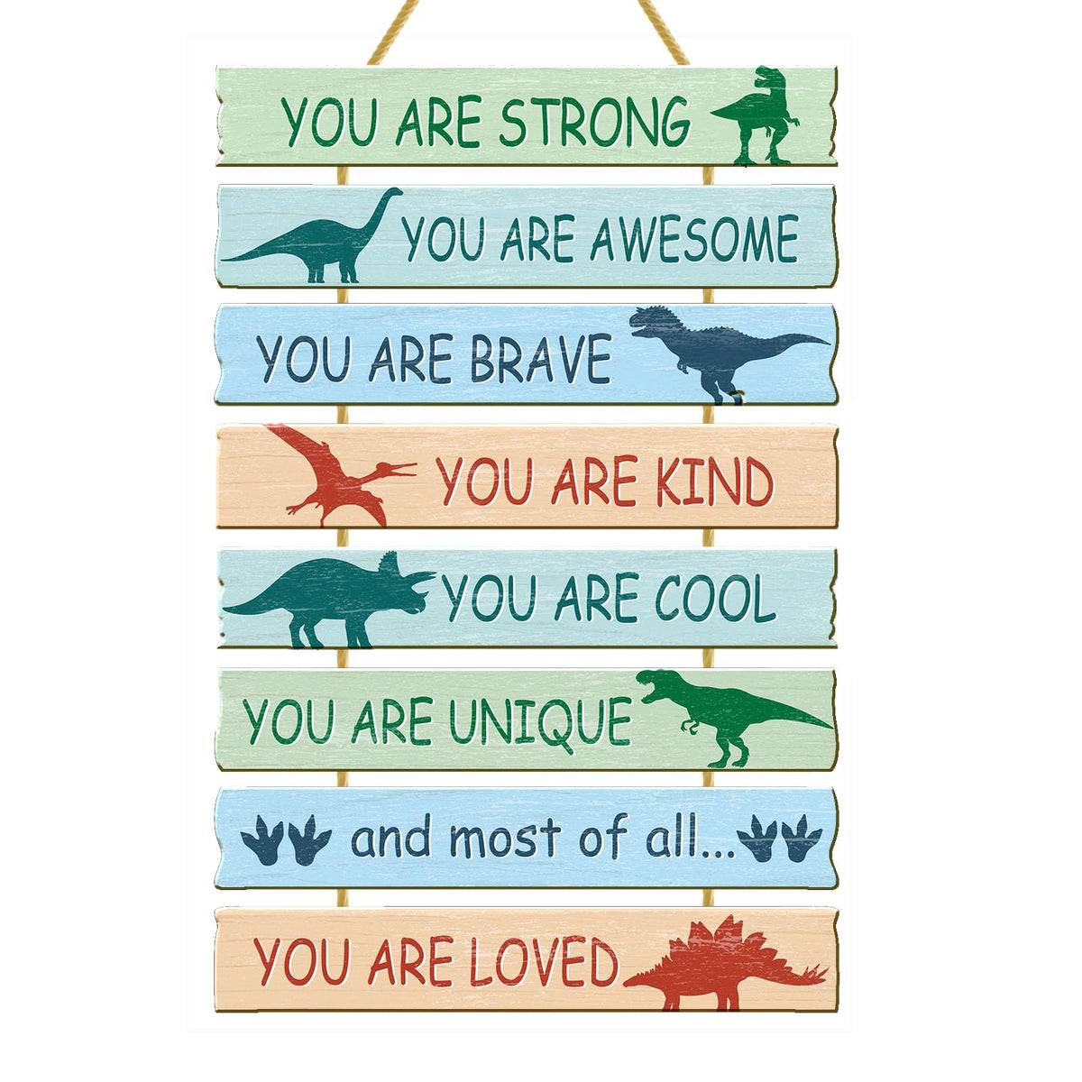 Rutiyoka dinosaur wall art 8-piece set brightens kids' room with inspirational quotes.
