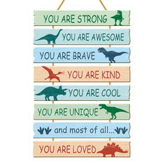 Rutiyoka dinosaur wall art 8-piece set brightens kids' room with inspirational quotes.