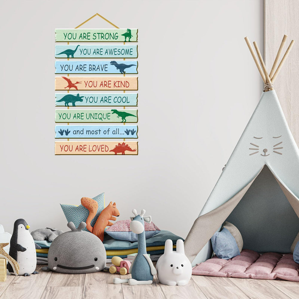 Rutiyoka wooden dinosaur signs with motivational words for kids’ nursery.