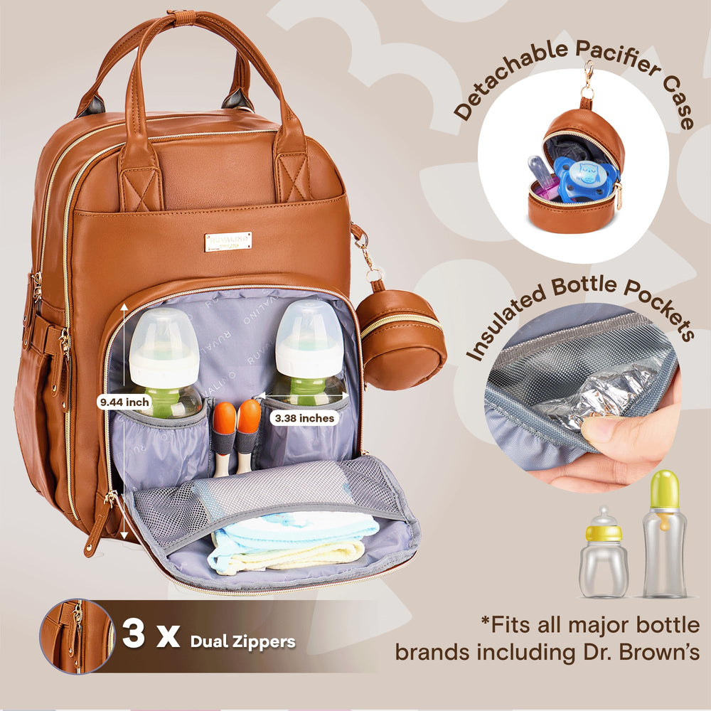 RUVALINO diaper bag backpack back view highlighting ergonomic straps and comfortable support.