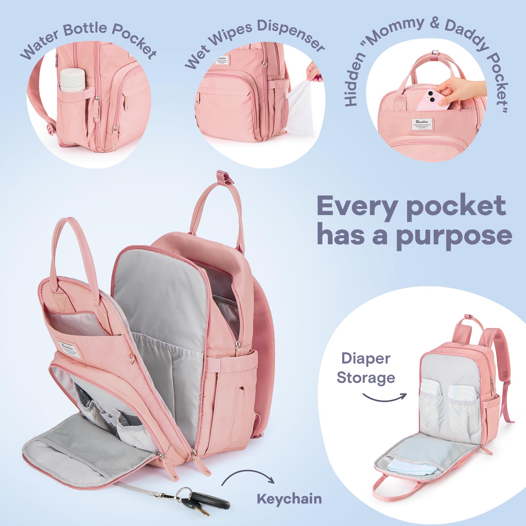 RUVALINO diaper bag backpack changing pad included for on the go diaper changes