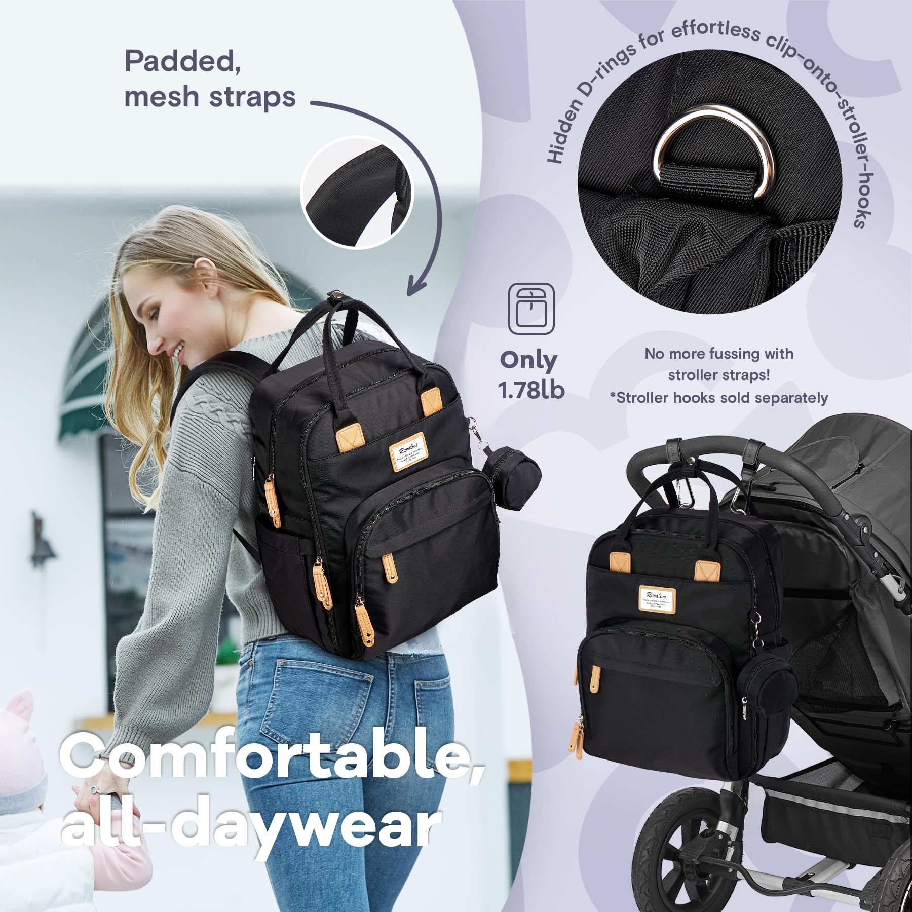 RUVALINO convertible design bag worn as backpack or tote for versatility.