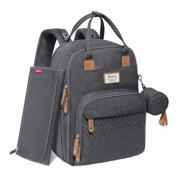 RUVALINO diaper bag backpack in dark gray with front view for easy on-the-go organization.