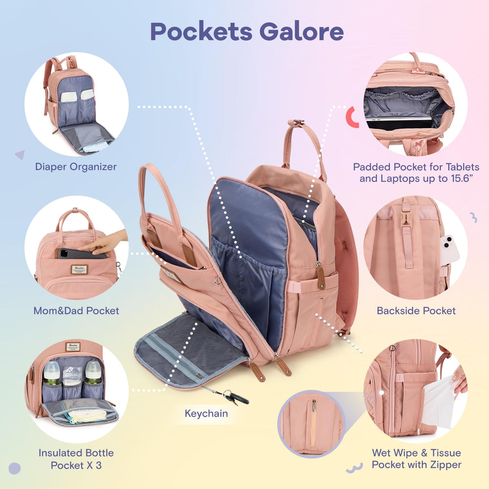 RUVALINO diaper bag backpack with detachable pacifier holder for organized storage