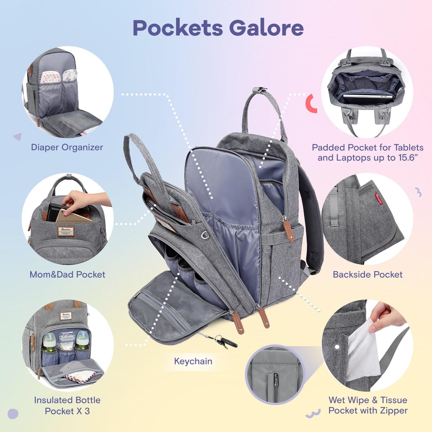RUVALINO diaper bag backpack detachable pacifier holder keeps essentials handy while out