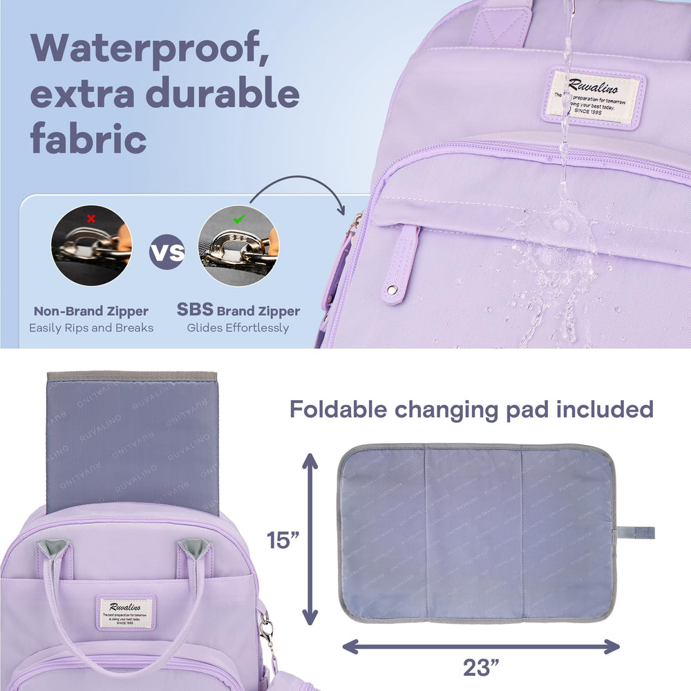 RUVALINO diaper bag backpack ergonomic shoulder straps provide comfortable all-day wear.