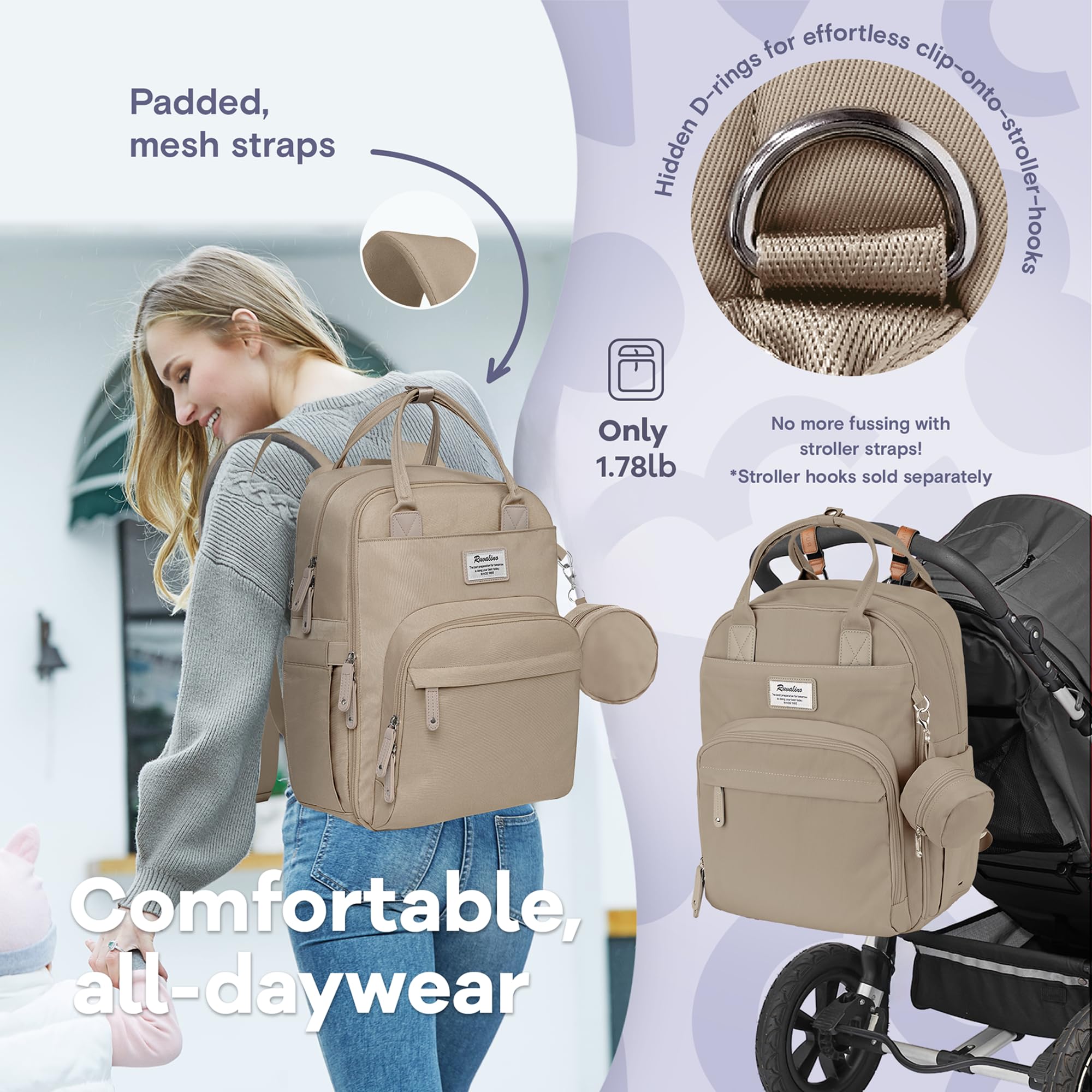 RUVALINO diaper bag ergonomic shoulder straps provide comfortable carry for long days