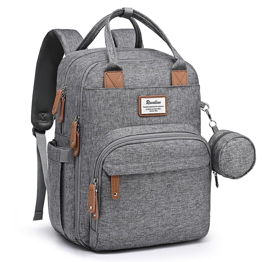 RUVALINO diaper bag backpack front view showing quick-access organization for busy parents.