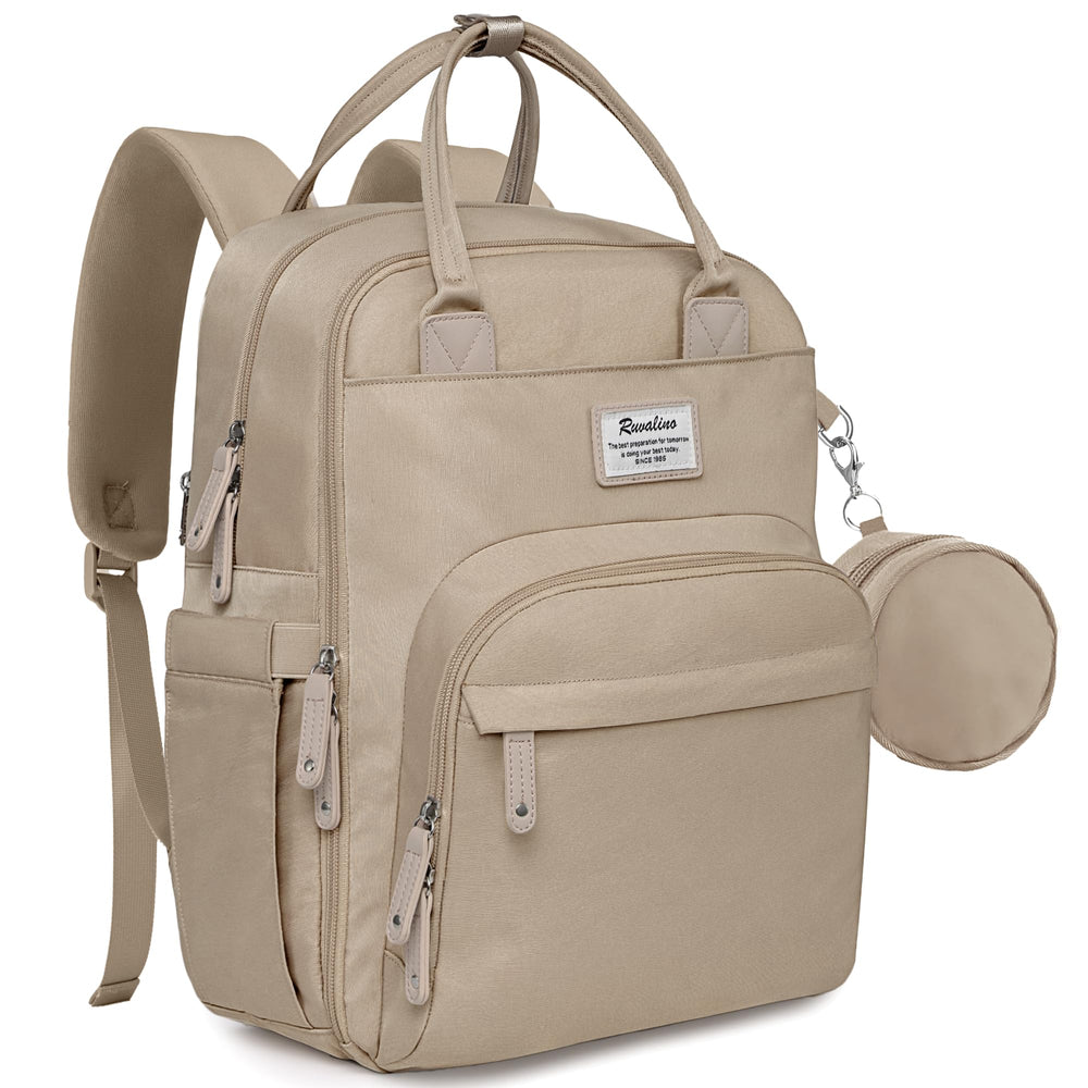 RUVALINO diaper bag backpack front view showing roomy pockets for easy access